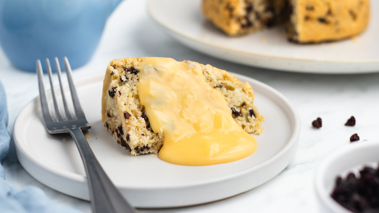 traditional steamed spotted dick on plate 