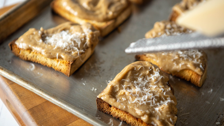 Welsh rarebit on baking tray