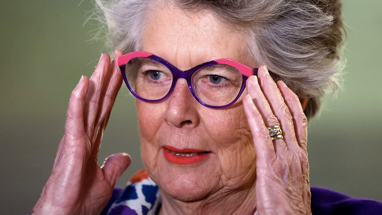 Closeup of Prue Leith in purple glasses