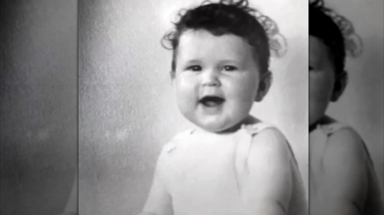 Black and white photo of Prue Leith as a baby