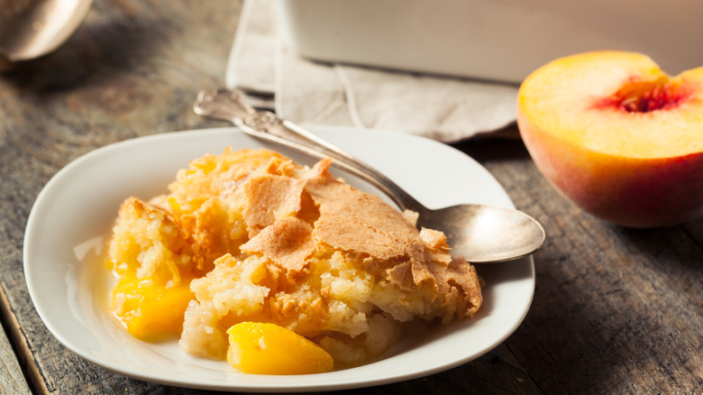 peach cobbler covered with crust