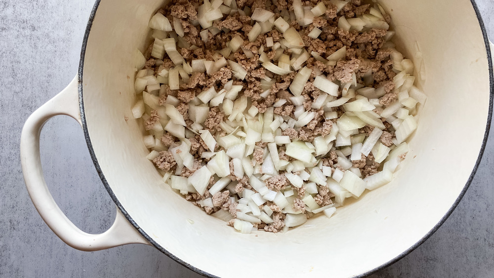 cooking turkey chili in pot