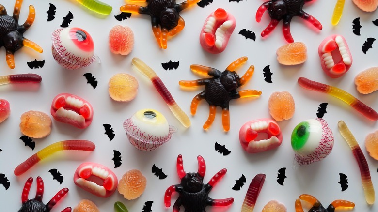 halloween gummy worms, spiders, and eyeballs