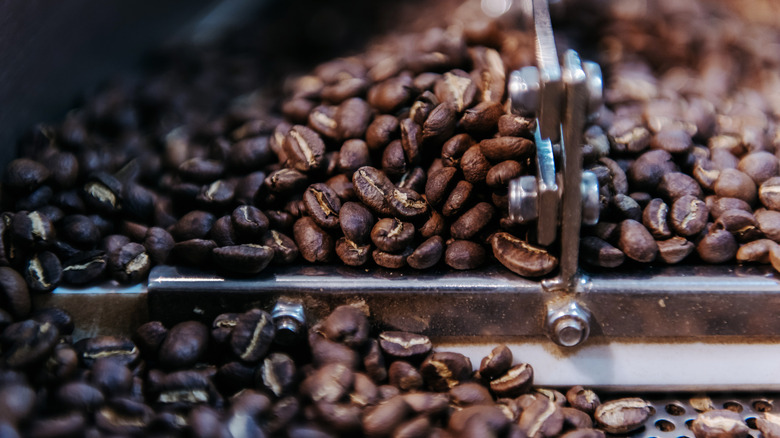 coffee beans roasting in a metal machine