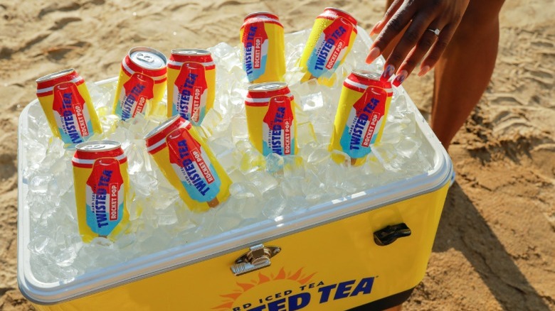 Bomb pop-flavored Twisted Tea in ice-filled cooler