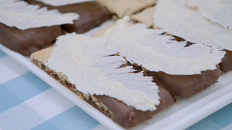 Chocolate biscuits with white chocolate feathers on top