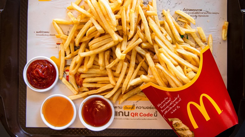 McDonald's fries on a tray with ketchup 