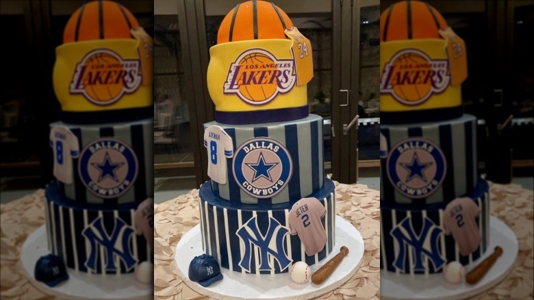 3-tiered cake in homage to sports teams