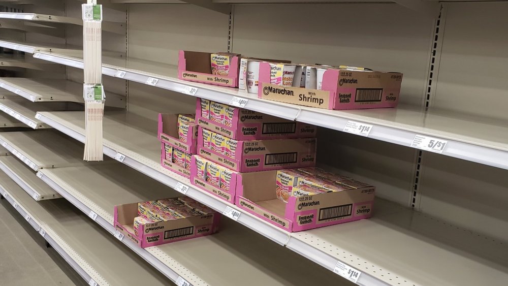 empty shelf with shrimp instant noodles