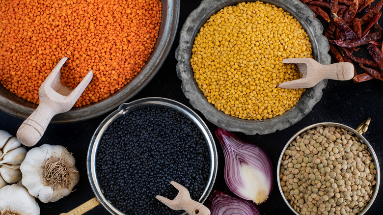 Different lentils in containers