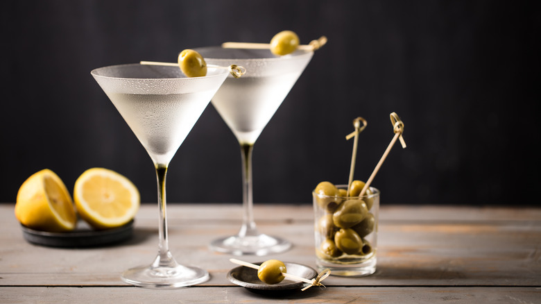 two martinis with olives