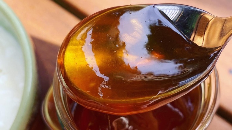 spoon of beechwood honey over jar