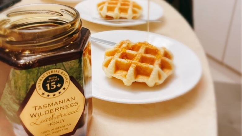 leatherwood honey jar and waffles