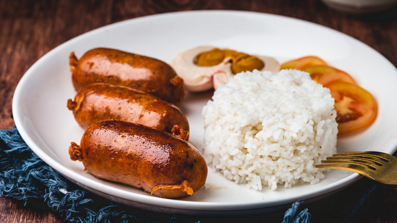 Longganisa with rice, egg, tomato