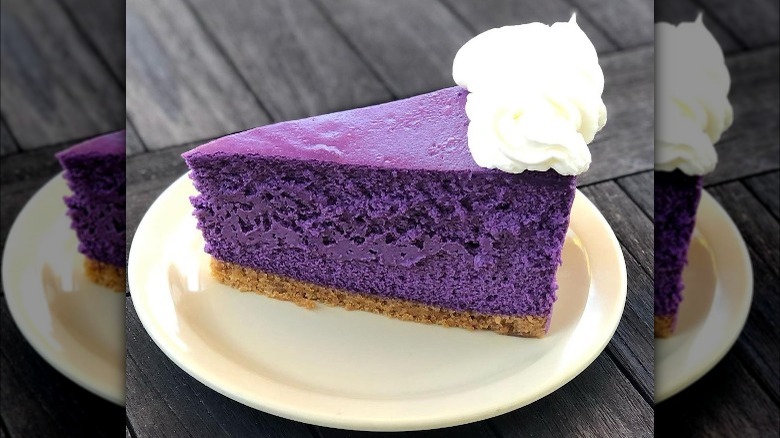 Slice of ube cheesecake