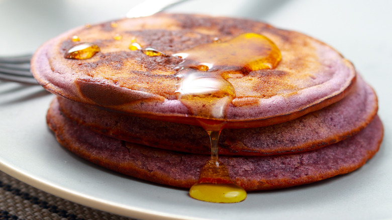 ube pancakes on plate