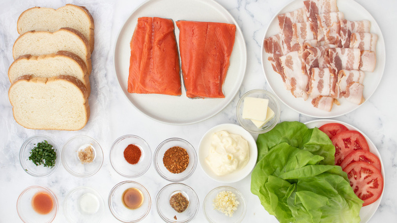 salmon bacon vegetables and bread