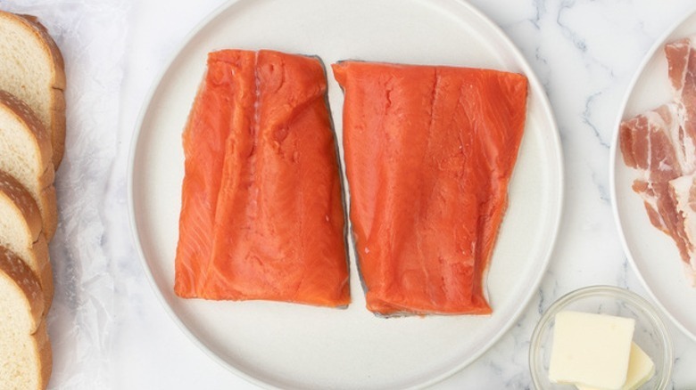 salmon fillets on white plate