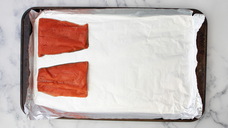 salmon in baking pan