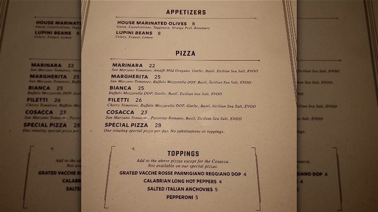 Neaplolitan pizza menu