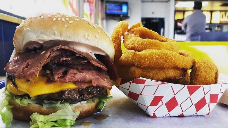 Crown Burgers Signature Burger and Onion Rings