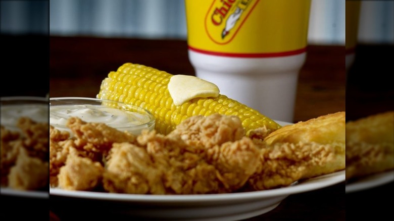 Chicken Express chicken, corn, and drink