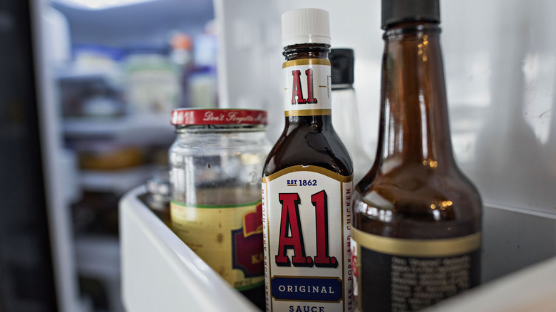 A1 steak sauce in a fridge door