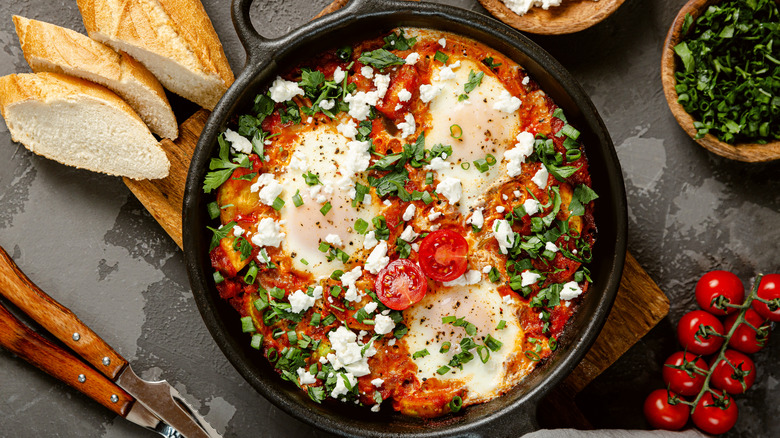 A pan of shakshuka surrounded by bread, tomatoes, and herbs