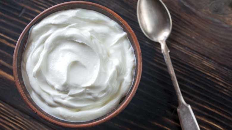 bowl of greek yogurt and spoon