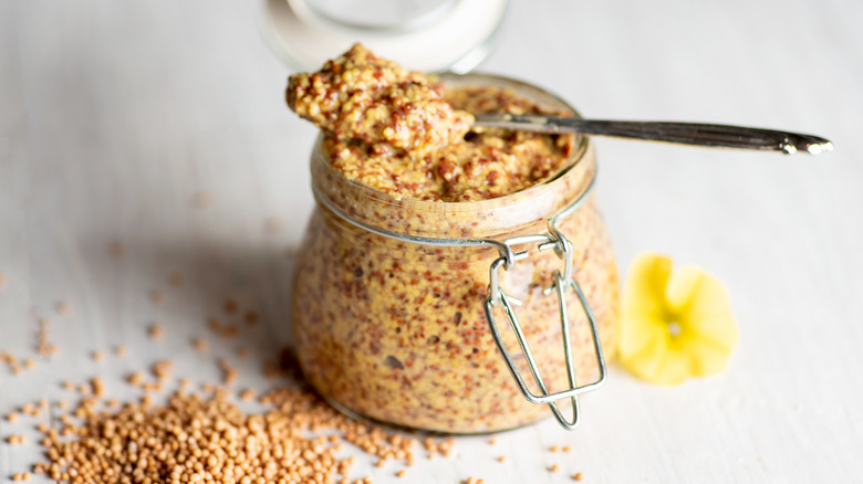 Whole grain mustard in jar