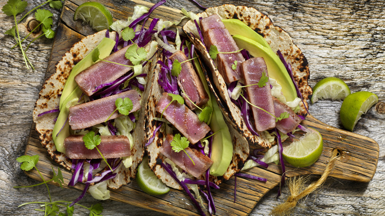 seared tuna tacos with avocado