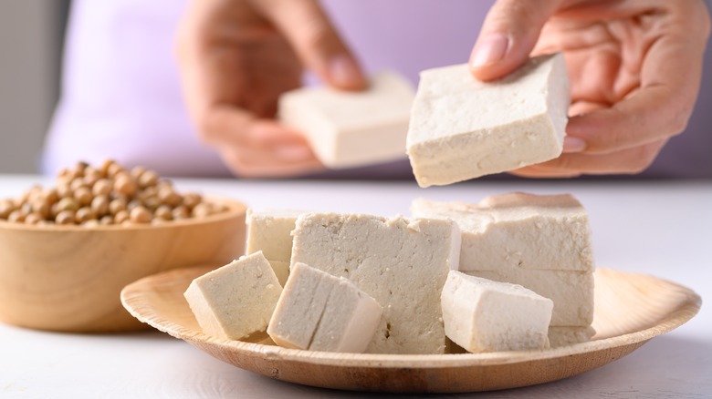 Cubes of tofu on plate