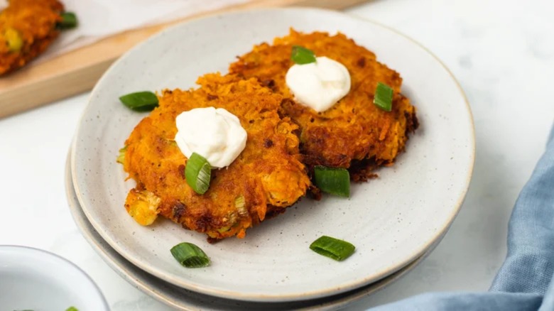 Sweet potato latkes on white plate