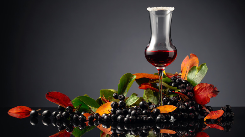 Berries, leaves, and a rimmed glass