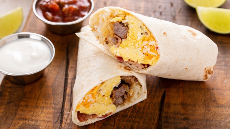 breakfast burrito sliced in half