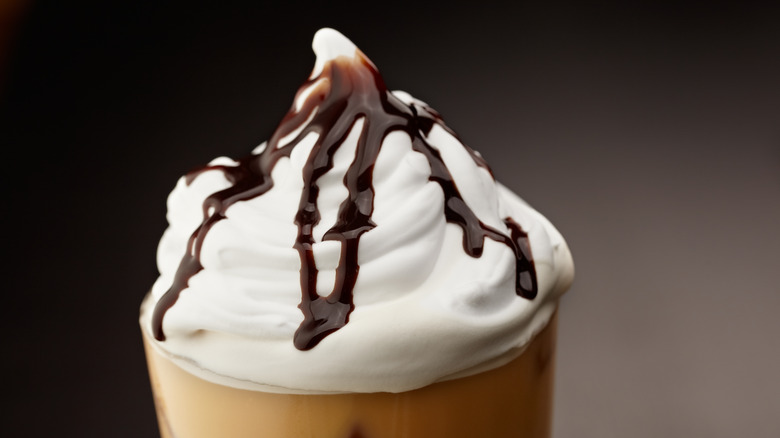 chocolate syrup on whipped topping