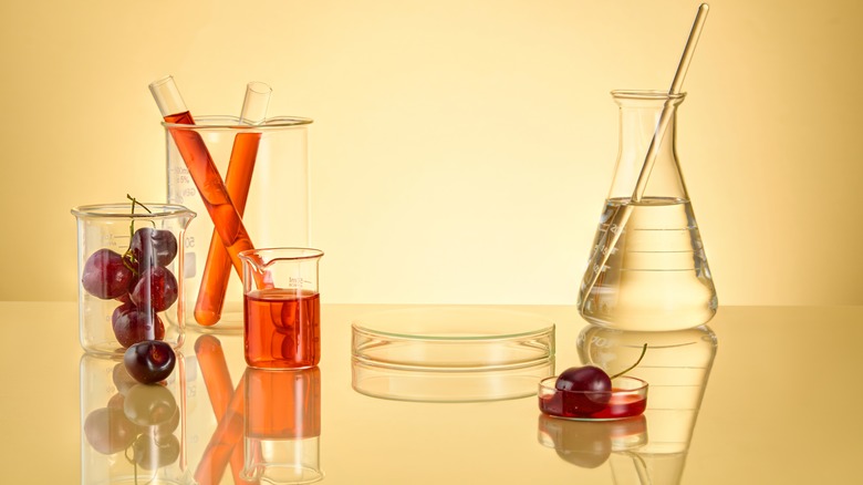 beakers with liquid and cherries