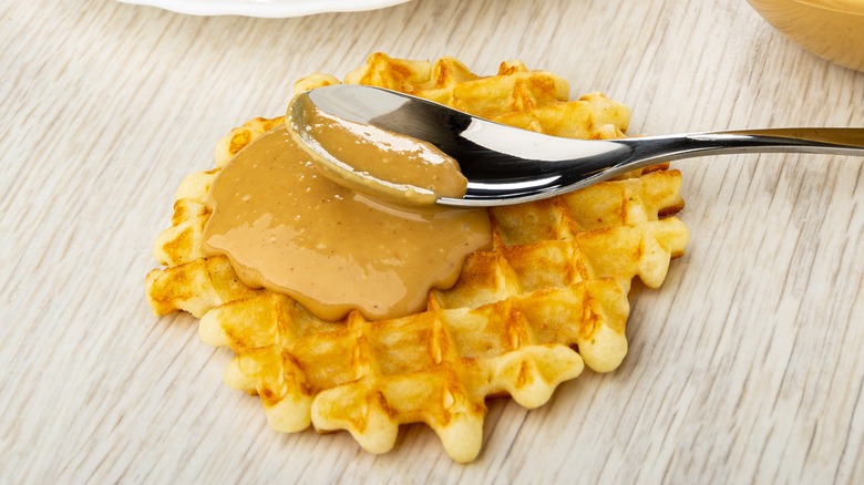 Waffle spread with peanut butter