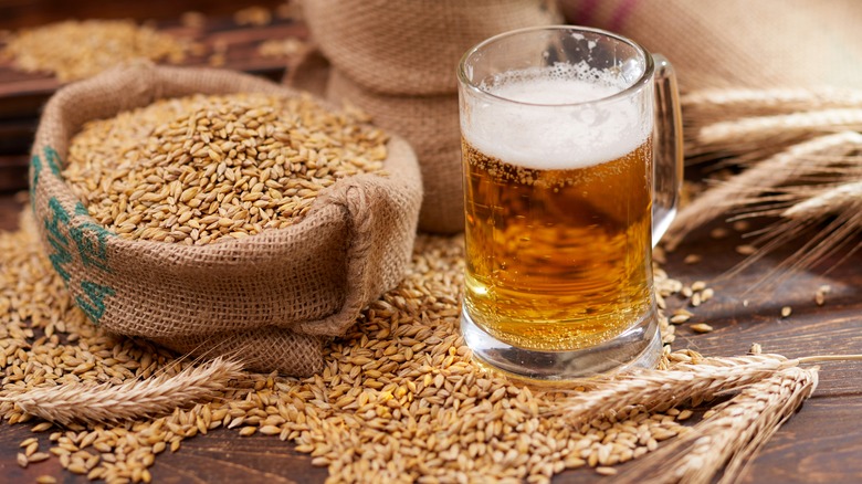 Bag of barley next to mug of beer