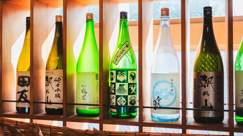 Bottles of sake on shelf