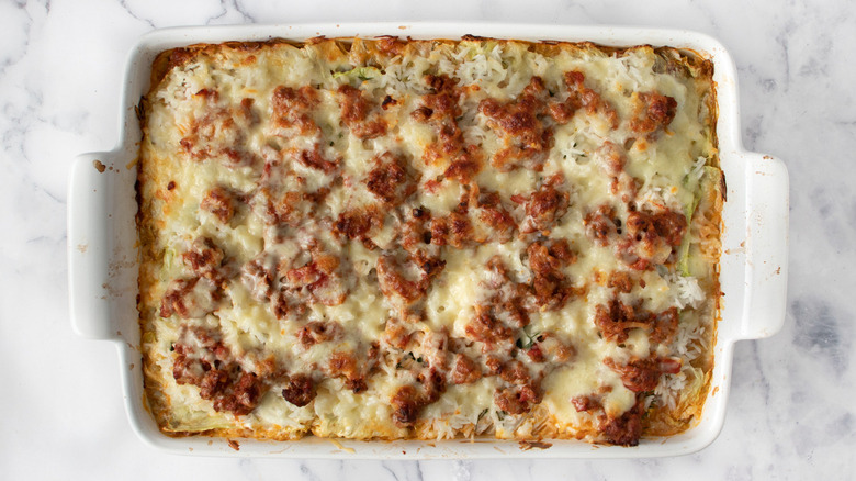 cabbage casserole in white pan