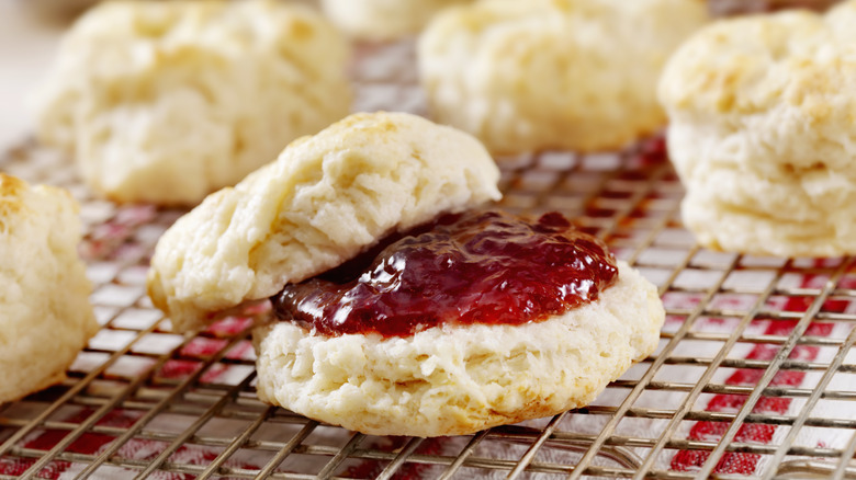 jelly on a sliced biscuit