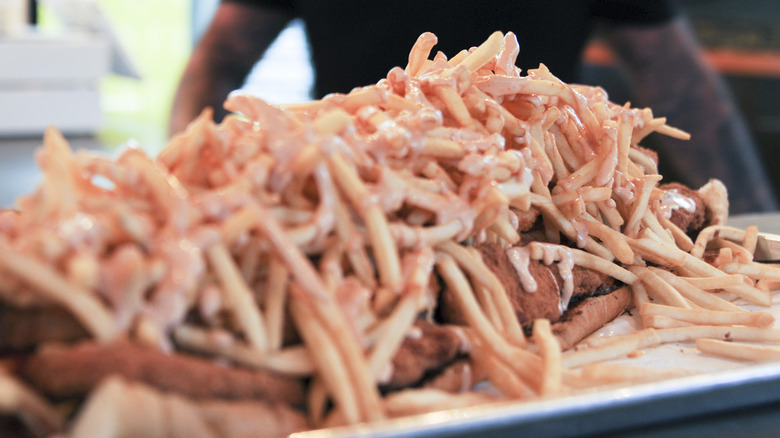 Fat Sal's sandwich topped with fries on a white plate