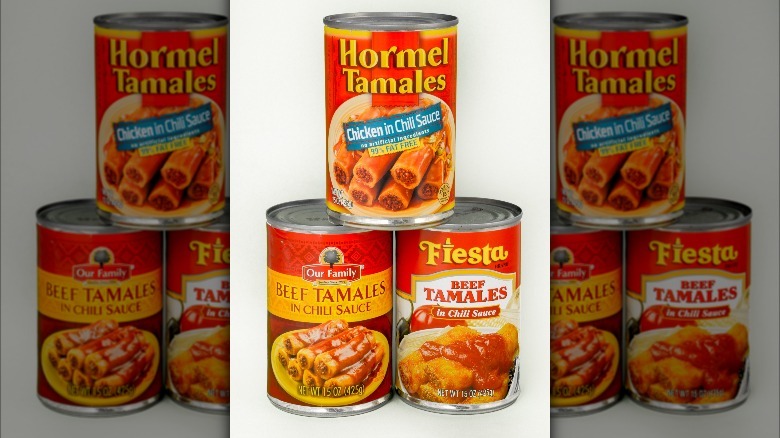 three different brands of canned tamales