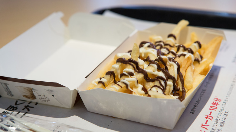 Chocolate drizzled on fries