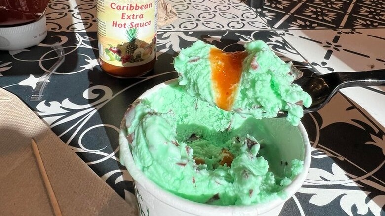 Hot sauce drizzled on ice cream