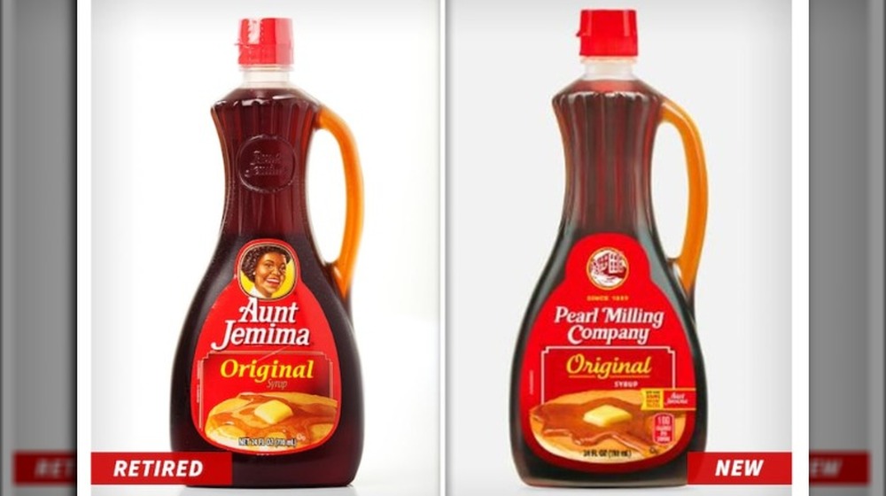 Old and new Aunt Jemima syrup labels