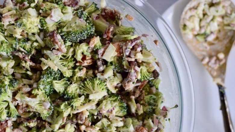 Salad of chopped broccoli and bacon in a creamy sauce. 