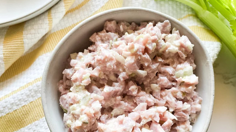 Dish with creamy, chopped ham and celery mixture