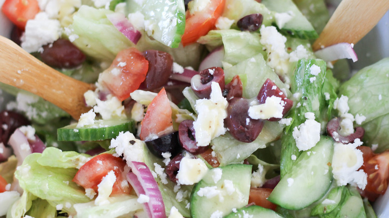 Salad with feta, onion, tomatoes, and cucumbers